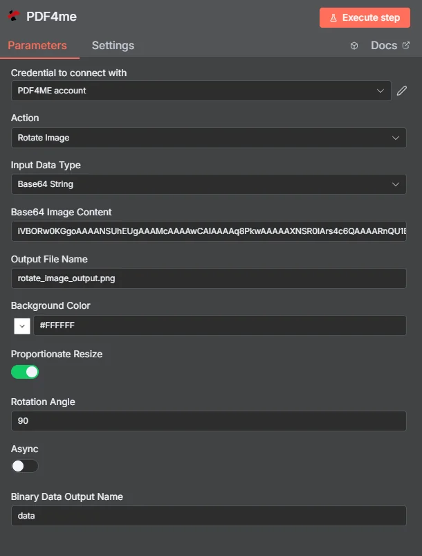 O nó n8n "Rotacionar Imagem" está configurado com a credencial da conta PDF4ME, ação "Rotacionar Imagem", tipo de dados de entrada "String Base64", conteúdo da imagem em Base64, nome do arquivo de saída "rotate_image_output.png", cor de fundo "hexadecimal FFFFFF", redimensionamento proporcional ativado, ângulo de rotação de 90°, modo assíncrono desativado e nome da saída de dados binários "data".
